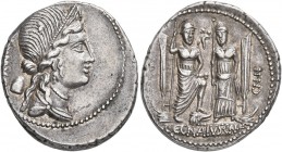 Cn. Egnatius Cn.f. Cn.n. Maxsumus, 76 BC. Denarius (Silver, 20 mm, 4.12 g, 11 h), Rome. [MAXS]VMVS Diademed and draped bust of Libertas to right, wear...