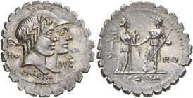Q. Fufius Calenus and Mucius Cordus, 68 BC. Denarius (Silver, 23 mm, 3.94 g, 6 h), Rome. HO - VIR - KALENI Jugate heads of Honos, laureate, and Virtus...
