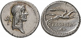 C. Calpurnius L.f. Frugi, 67 BC. Denarius (Silver, 18 mm, 4.05 g, 6 h), Rome. Laureate head of Apollo to right; behind, arrowhead upward. Rev. C PISO•...