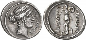 C. Memmius C.f, 56 BC. Denarius (Silver, 19 mm, 3.93 g, 4 h), Rome. C•MEMMI•C•F Head of Ceres to right, wearing wreath of grain ears and pendant earri...