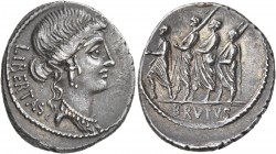 Q. Servilius Caepio Brutus (M. Junius Brutus), 54 BC. Denarius (Silver, 21 mm, 3.72 g, 6 h), Rome. LIBERTAS Head of Libertas to right, wearing triple-...