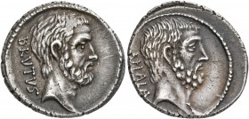 M. Junius Brutus, 54 BC. Denarius (Silver, 20 mm, 3.43 g, 4 h), Rome. BRVTVS Bearded head of L. Junius Brutus to right. Rev. AHALA Bearded head of C. ...