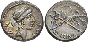 Q. Sicinius, 49 BC. Denarius (Silver, 18 mm, 3.85 g, 9 h), Rome. FORT - P•R Diademed head of Fortuna Populi Romani to right, wearing triple-pendant ea...