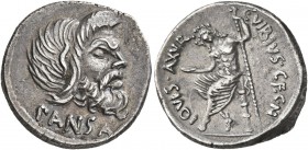 C. Vibius C.f. C.n. Pansa Caetronianus, 48 BC. Denarius (Silver, 18 mm, 3.96 g, 6 h), Rome. PANSA Mask of bearded Pan to right. Rev. C•VIBIVS•C F•C•N ...