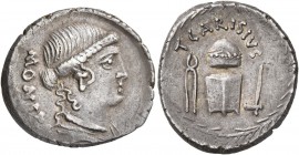 T. Carisius, 46 BC. Denarius (Silver, 19 mm, 3.43 g, 3 h), Rome. MONETA Draped bust of Juno Moneta to right, wearing pendant earring and necklace. Rev...