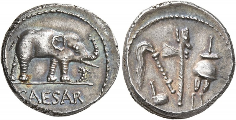 Julius Caesar, 49-44 BC. Denarius (Silver, 18 mm, 3.98 g, 3 h), mint moving with...