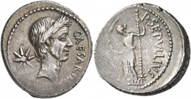 Julius Caesar, 49-44 BC. Denarius (Silver, 19 mm, 3.91 g, 10 h), with P. Sepullius Macer, Rome, second half of February 44. CAESAR•IMP Laureate head o...