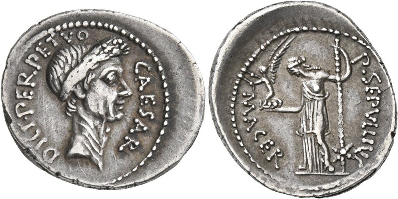 Julius Caesar, 49-44 BC. Denarius (Silver, 21 mm, 3.70 g, 9 h), with P. Sepulliu...