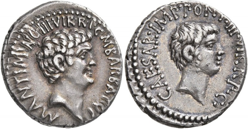 Mark Antony and Octavian. Denarius (Silver, 21 mm, 4.15 g, 12 h), Mark Antony wi...
