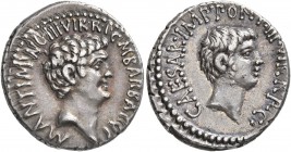 Mark Antony and Octavian. Denarius (Silver, 21 mm, 4.15 g, 12 h), Mark Antony with Octavian and M. Barbatius, mint moving with Mark Antony, 41 BC. M A...