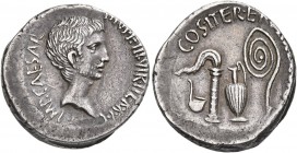 Octavian, 44-27 BC. Denarius (Silver, 20 mm, 4.09 g, 9 h), uncertain Italian mint, 37. IMP•CAESAR•DIVI•F•III•VIR•ITER•R•P•C Bare head of Octavian to r...
