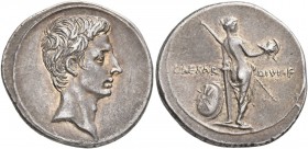 Octavian, 44-27 BC. Denarius (Silver, 21 mm, 3.93 g, 9 h), uncertain Italian mint, possibly Rome or Brundisium, autumn 32-summer 31. Bare head of Octa...