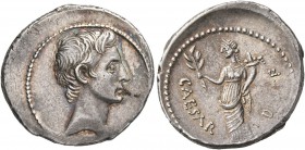 Octavian, 44-27 BC. Denarius (Silver, 21 mm, 3.87 g, 2 h), uncertain Italian mint, possibly Rome or Brundisium, autumn 32-summer 31. Bare head of Octa...