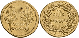 Augustus, 27 BC-AD 14. Aureus (Gold, 22 mm, 7.92 g, 6 h), uncertain mint in Spain (Caesaraugusta?), circa 19-18 BC. CAESAR / AVGVSTVS Two laurel branc...
