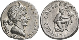 Augustus, 27 BC-AD 14. Denarius (Silver, 18 mm, 3.88 g, 3 h), P. Petronius Turpilianus, Rome, 18 BC. TVRPILIANVS•III VIR / FER Diademed and draped bus...