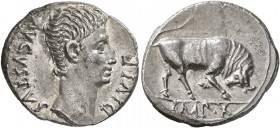 Augustus, 27 BC-AD 14. Denarius (Silver, 20 mm, 3.80 g, 6 h), Lugdunum, circa 15-13 BC. DIVI F AVGVSTVS Bare head of Augustus to right. Rev. IMP•X Bul...