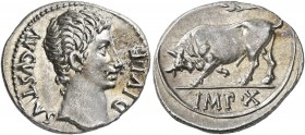 Augustus, 27 BC-AD 14. Denarius (Silver, 20 mm, 3.85 g, 6 h), Lugdunum, circa 15-13 BC. DIVI F AVGVSTVS Bare head of Augustus to right. Rev. IMP•X Bul...
