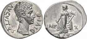 Augustus, 27 BC-AD 14. Denarius (Silver, 20 mm, 3.75 g, 8 h), Lugdunum, 15-13 BC. DIVI•F AVGVSTVS Bare head of Augustus to right. Rev. IMP• - X / ACT•...
