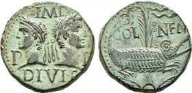 Augustus, with Agrippa, 27 BC-AD 14. As (Copper, 28 mm, 12.86 g, 12 h), Nemausus, circa 10-14. IMP / P - P / DIVI F Heads of Agrippa, on left and wear...