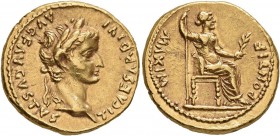 Tiberius, 14-37. Aureus (Gold, 20 mm, 7.88 g, 5 h), Lugdunum, late 20s-early 30s. TI CAESAR DIVI AVG F AVGVSTVS Laureate head of Tiberius to right. Re...