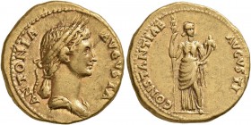 Antonia Minor, Augusta, 37 and 41. Aureus (Gold, 20 mm, 7.75 g, 5 h), Lugdunum, 41-42. ANTONIA AVGVSTA Draped bust of Antonia to right, wearing wreath...