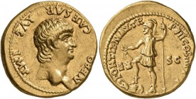 Nero, 54-68. Aureus (Gold, 20 mm, 7.66 g, 5 h), Lugdunum, 60-61. NERO CAESAR AVG IMP Bare head of Nero to right. Rev. PONTIF MAX TR P VII COS IIII P P...