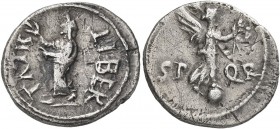Civil Wars, 68-69. Denarius (Silver, 18 mm, 3.11 g, 6 h), uncertain mint in Spain (?), circa April-June 68. LIBERTATIS Roman citizen, togate and weari...