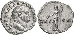 Vespasian, 69-79. Denarius (Silver, 19 mm, 3.52 g, 6 h), Rome, 72-73. IMP CAES VESP AVG P M COS IIII Laureate head of Vespasian to right. Rev. VES-TA ...