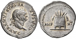 Vespasian, 69-79. Denarius (Silver, 20 mm, 3.41 g, 6 h), Rome, 77-78. CAESAR VESPASIANVS AVG Laureate head of Vespasian to right. Rev. IMP - XIX Modiu...
