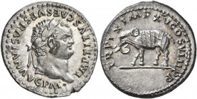 Titus, 79-81. Denarius (Silver, 18 mm, 3.54 g, 6 h), Rome, 80. IMP•TITVS CAES VESPASIAN AVG P M• Laureate head of Titus to right. Rev. TR P IX IMP XV ...