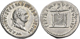 Titus, 79-81. Denarius (Silver, 20 mm, 3.50 g, 5 h), Rome, 80. IMP TITVS CAES VESPASIAN AVG P M Laureate head of Titus to right. Rev. TR P IX IMP XV C...
