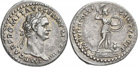 Domitian, 81-96. Denarius (Silver, 21 mm, 3.56 g, 6 h), Rome, 85. IMP CAES DOMIT AVG GERM P M TR P IIII Laureate head of Domitian to right. Rev. IMP V...