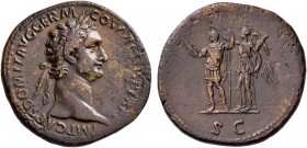 Domitian, 81-96. Sestertius (Orichalcum, 35 mm, 27.88 g, 7 h), Rome, 92-94. IMP CAES DOMIT AVG GERM COS XVI CENS PER P P Laureate head of Domitian to ...