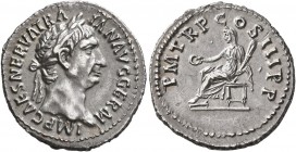Trajan, 98-117. Denarius (Silver, 20 mm, 3.63 g, 6 h), Rome, 100. IMP CAES NERVA TRAIAN AVG GERM Laureate head of Trajan to right. Rev. P M TR P COS I...