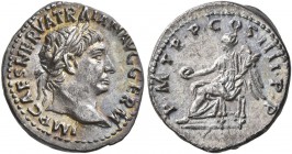 Trajan, 98-117. Quinarius (Silver, 15 mm, 1.85 g, 6 h), Rome, 101-102. IMP CAES NERVA TRAIAN AVG GERM Laureate head of Trajan to right. Rev. P•M TR•P ...