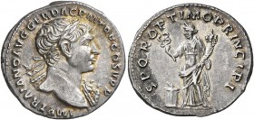 Trajan, 98-117. Denarius (Silver, 19 mm, 3.27 g, 7 h), Rome, circa 106-107. IMP TRAIANO AVG GER DAC P M TR P COS V P P Laureate head of Trajan to righ...