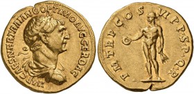 Trajan, 98-117. Aureus (Gold, 20 mm, 7.30 g, 7 h), Rome, 114-116. IMP CAES NER TRAIANO OPTIMO AVG GER DAC Laureate, draped and cuirassed bust of Traja...