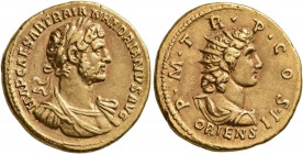 Hadrian, 117-138. Aureus (Gold, 19 mm, 7.21 g, 7 h), Rome, 118. IMP CAESAR TRAIAN HADRIANVS AVG Laureate and cuirassed bust of Hadrian to right, with ...