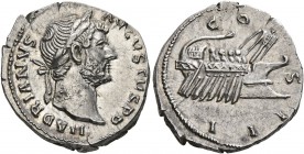 Hadrian, 117-138. Denarius (Silver, 19 mm, 3.35 g, 6 h), Rome, circa 134-138. HADRIANVS AVGVSTVS P P Laureate head of Hadrian to right. Rev. COS III G...