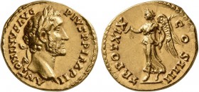 Antoninus Pius, 138-161. Aureus (Gold, 20 mm, 6.94 g, 12 h), Rome, 155-156. ANTONINVS AVG PIVS P P IMP II Laureate head of Antoninus Pius to right. Re...