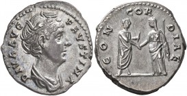 Diva Faustina Senior, died 140/1. Denarius (Silver, 18 mm, 3.37 g, 5 h), Rome. DIVA AVG FAVSTINA Diademed and draped bust of Diva Faustina to right. R...