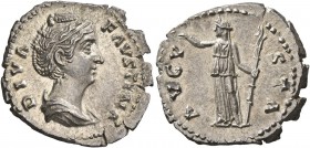 Diva Faustina Senior, died 140/1. Denarius (Silver, 20 mm, 3.56 g, 5 h), Rome. DIVA FAVSTINA Diademed and draped bust of Diva Faustina to right. Rev. ...
