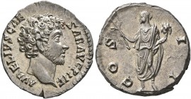 Marcus Aurelius, as Caesar, 139-161. Denarius (Silver, 18 mm, 3.56 g, 1 h), Rome, 145-147. AVRELIVS CAESAR AVG PII F Bare head of Marcus Aurelius to r...