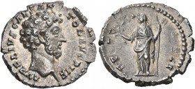 Marcus Aurelius, as Caesar, 139-161. Denarius (Silver, 19 mm, 3.22 g, 5 h), Rome, 156-157. AVRELIVS CAESAR ANTON AVG PII F Bare head of Marcus Aureliu...