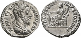 Marcus Aurelius, 161-180. Denarius (Silver, 18 mm, 3.12 g, 6 h), Rome, 180. M AVREL ANTONINVS AVG Laureate, draped and cuirassed bust of Marcus Aureli...