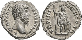 Lucius Verus, 161-169. Denarius (Silver, 19 mm, 3.32 g, 12 h), Rome, 163-164. L VERVS AVG ARMENIACVS Bare head of Lucius Verus to right. Rev. TR P III...