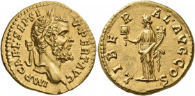 Septimius Severus, 193-211. Aureus (Gold, 21 mm, 7.08 g, 12 h), Rome, 193. IMP CAE•L•SEP•SEV•PERT AVG Laureate head of Septimius Severus to right. Rev...