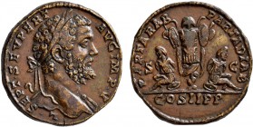 Septimius Severus, 193-211. Sestertius (Orichalcum, 30 mm, 26.17 g, 12 h), Rome, 195. L•SEPT•SEV PERT AVG IMP•V Laureate head of Septimius Severus to ...