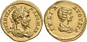 Septimius Severus, 193-211. Aureus (Gold, 19 mm, 7.29 g, 6 h), Rome, 201. SEVERVS AVG PART MAX Laureate head of Septimius Severus to right, seen from ...