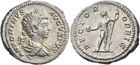 Caracalla, 198-217. Denarius (Silver, 20 mm, 3.43 g, 6 h), Rome, 199-200. ANTONINVS AVGVSTVS Laureate, draped and cuirassed bust of Caracalla to right...